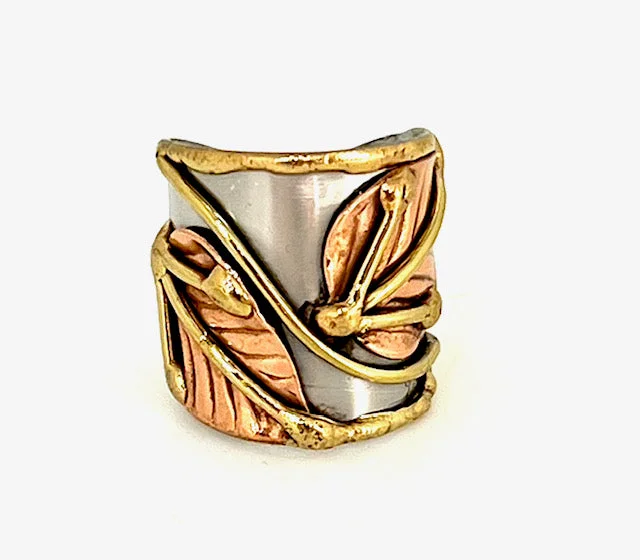 Gold Ring Sets-Multi Metal Adjustable Artisan Ring - Leaves