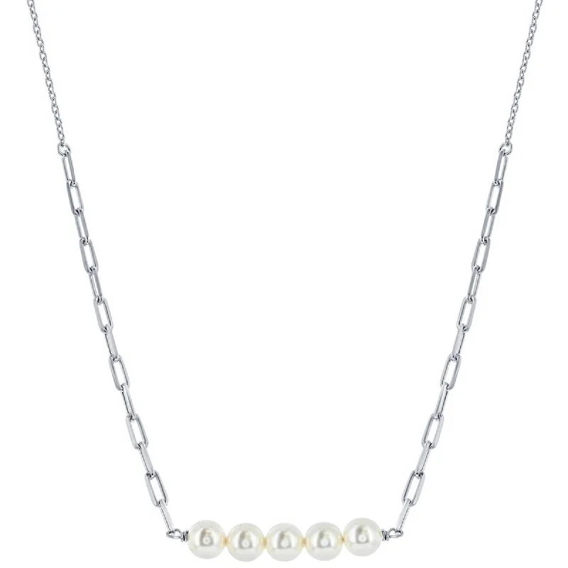 Classic Women's Necklace - Sterling Silver Round White Pearl Bar Paperclip | M-7087