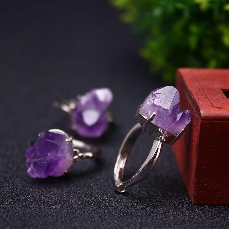 Antique Gold Rings-Natural Purple Amethyst Crystal Ring