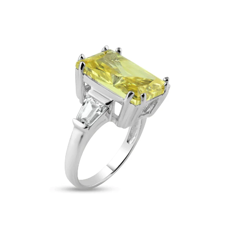 Stunning Gemstone Rings-Silver 925 Rhodium Plated Rectangular Yellow Center and Clear CZ Ring - STR00453YEL