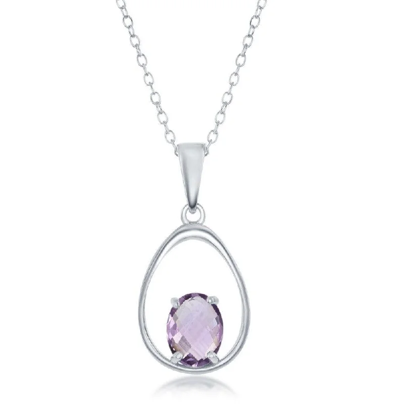 Sterling Silver Oval Amethyst Open Pear Shaped Necklace