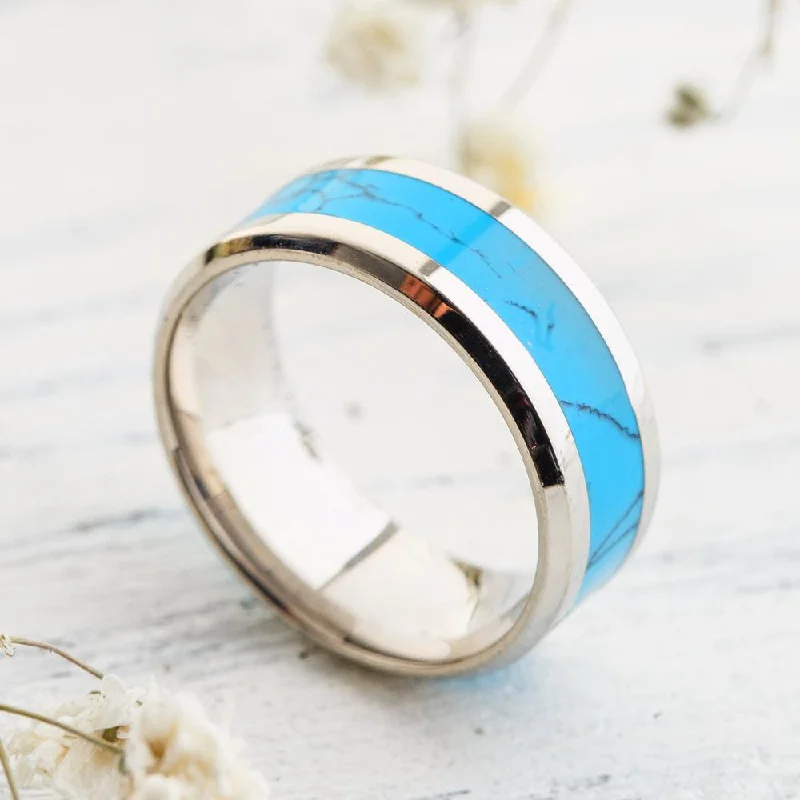 Custom Gold Rings-Blue Turquoise Tungsten Ring