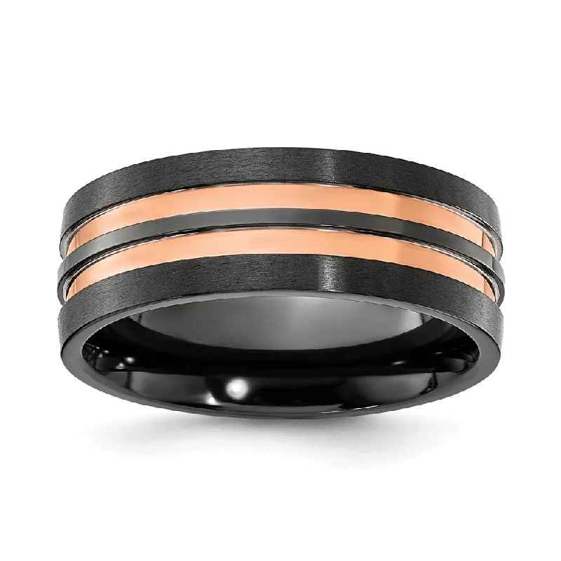 Elegant Gold Rings-8mm Black Zirconium & Rose Tone Grooved Standard Fit Band