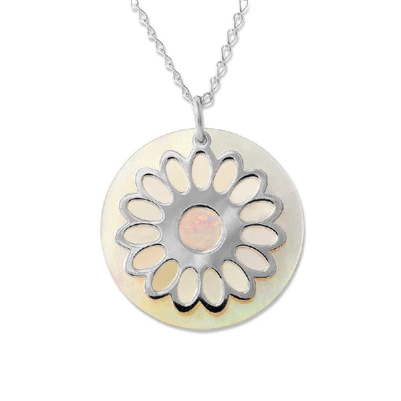 Sterling Silver Open Daisy Round MOP Disc Necklace