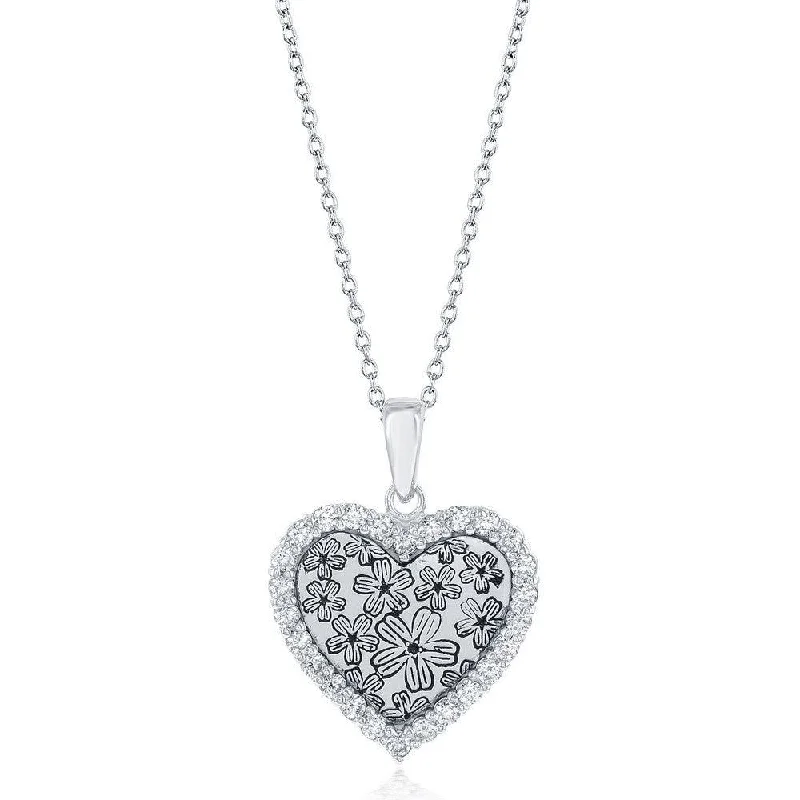 Sterling Silver CZ Border Heart with Flower Design Necklace