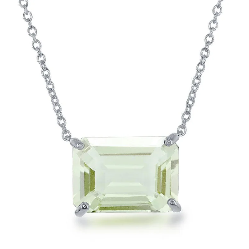 Sterling Silver Rectangle Green Amethyst Prong Set Necklace