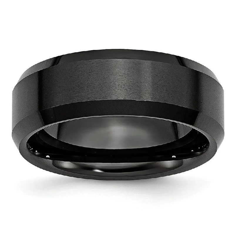 Simple Diamond Wedding Bands-Black Ceramic, 8mm Beveled Edge Unisex Comfort Fit Band