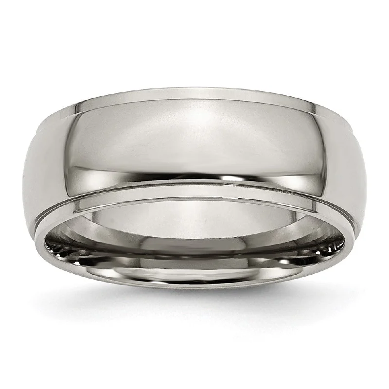 Bold Silver Rings-8mm Titanium Polished Domed Ridged Edge Standard Fit Band