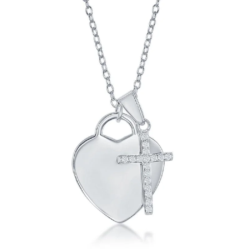 Sterling Silver Shiny Heart with Small CZ Cross Necklace