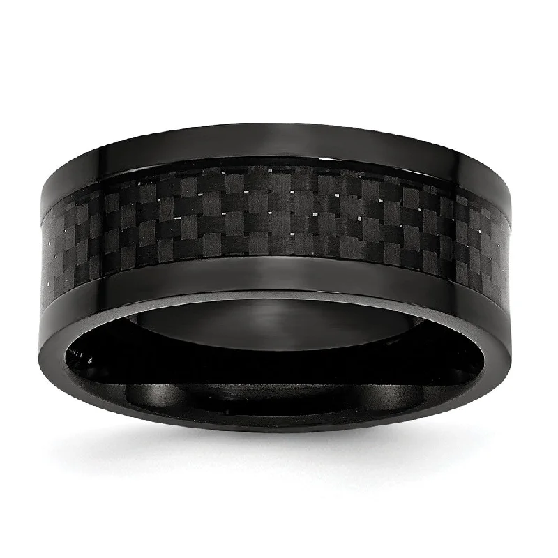 Designer Bridal Rings-Men's 9mm Black Plated Titanium & Carbon Fiber Flat Comfort Fit Band