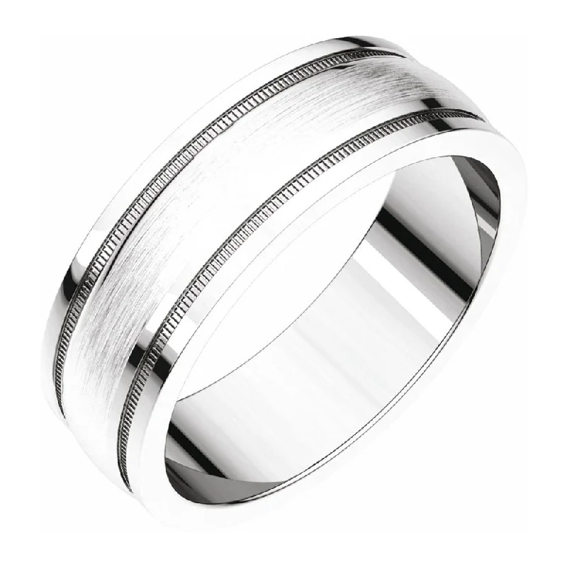 Simple Gemstone Wedding Rings-6mm 14K White Gold Flat Edge Satin Center Milgrain Comfort Fit Band