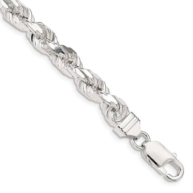 Personalized Charm Bracelets-Sterling Silver 7mm Diamond-cut Polished 8 Sides Rope Chain Bracelet