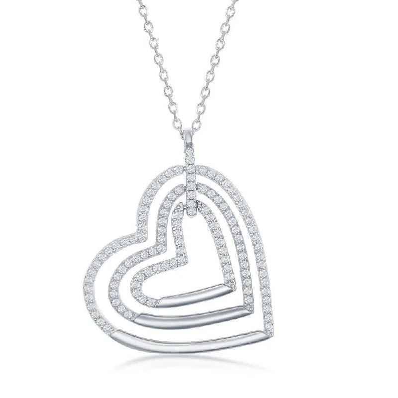 Sterling Silver Triple Open Cubic Zirconia Heart Necklace