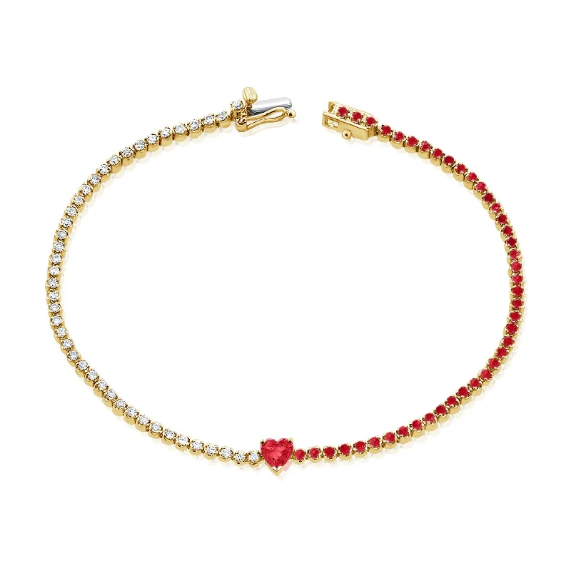 Designer Gemstone Tennis Bracelets-Captivating 14K Gold Ruby Heart and Diamond Tennis Bracelet