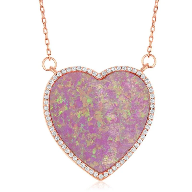 Sterling Silver Rose GP Pink Opal Heart with CZ Border Necklace