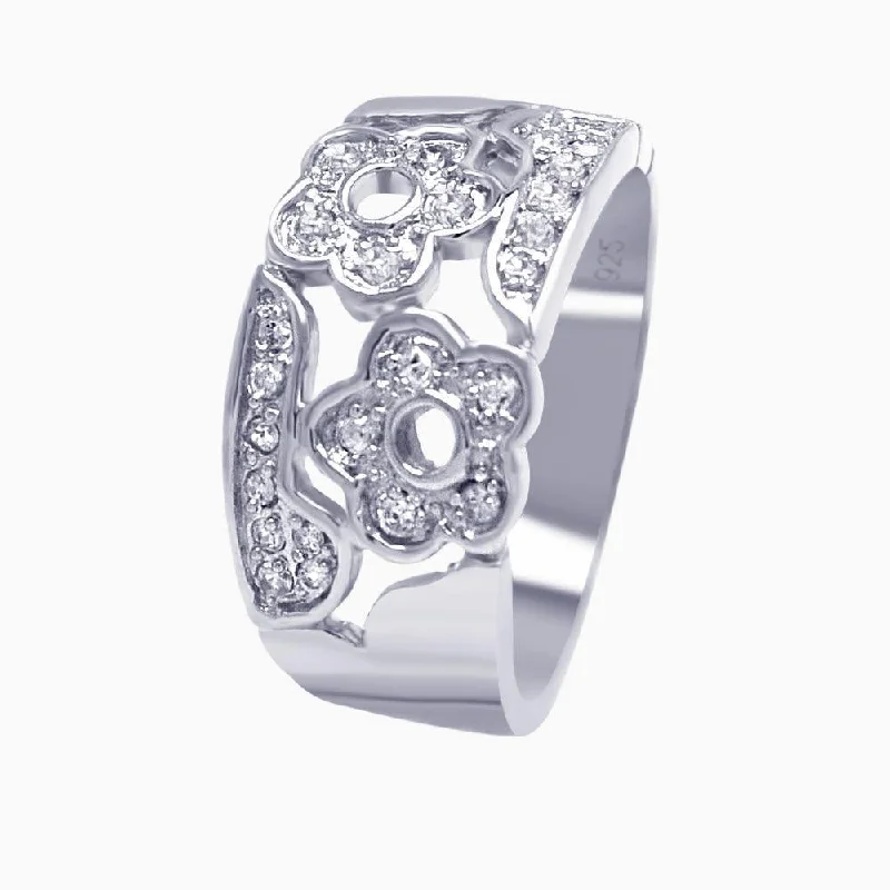 Customizable Wedding Bands-Silver 925 Rhodium Plated Pave Clear CZ Flower Ring - AAR0027