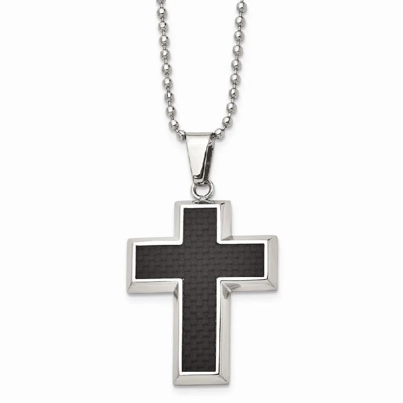 Stainless Steel Polished w/Carbon Fiber Inlay Cross 22in Necklace