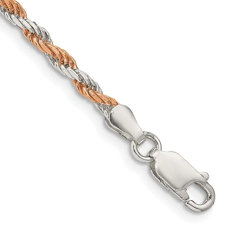 Personalized Tennis Bracelets-Sterling Silver And Rose Vermeil 2.5mm Diamond-cut Rope Chain Bracelet