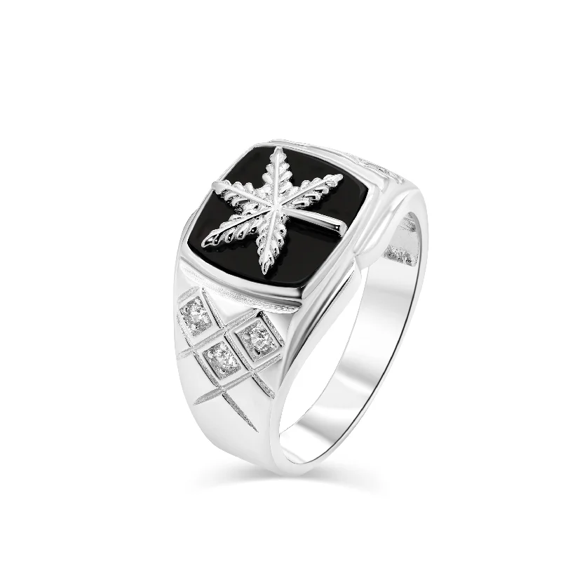 Personalized Birthstone Rings-Rhodium Plated 925 Sterling Silver Men's Cannabis Black Onyx Clear CZ 12.2mm x 11.9mm Ring - GMR00423