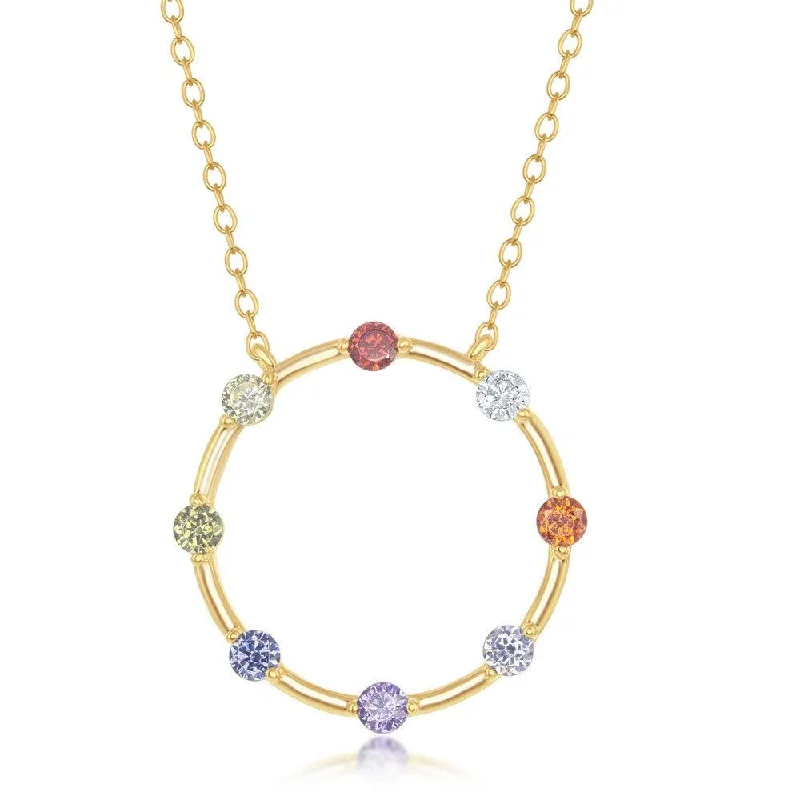 Sterling Silver Gold Plated Rainbow CZ Open Circle Necklace