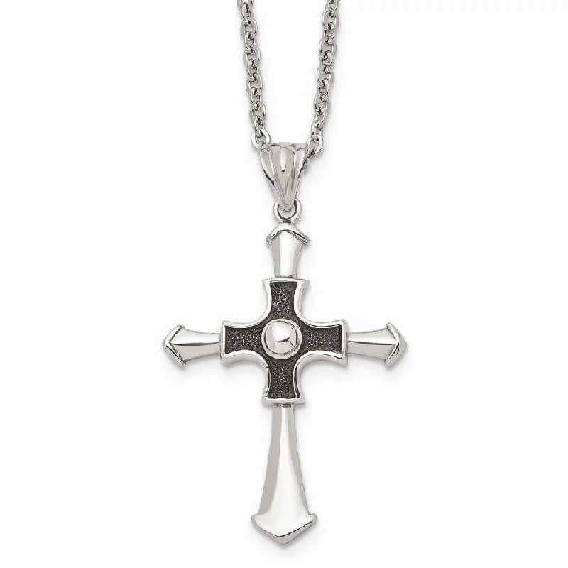 Stainless Steel Antiqued & Polished Cross 22in Necklace