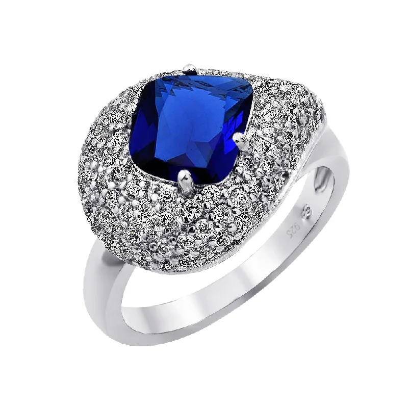 Custom Name Rings-Silver 925 Rhodium Plated Blue Center Clear Pave Set CZ Teardrop Ring - BGR00868