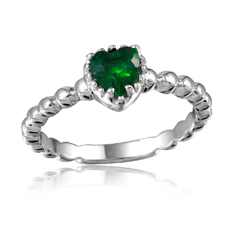 Luxury Wedding Rings for Women-Silver 925 Rhodium Plated Beaded Band Green Heart Center Stone Ring - BGR01052GRN