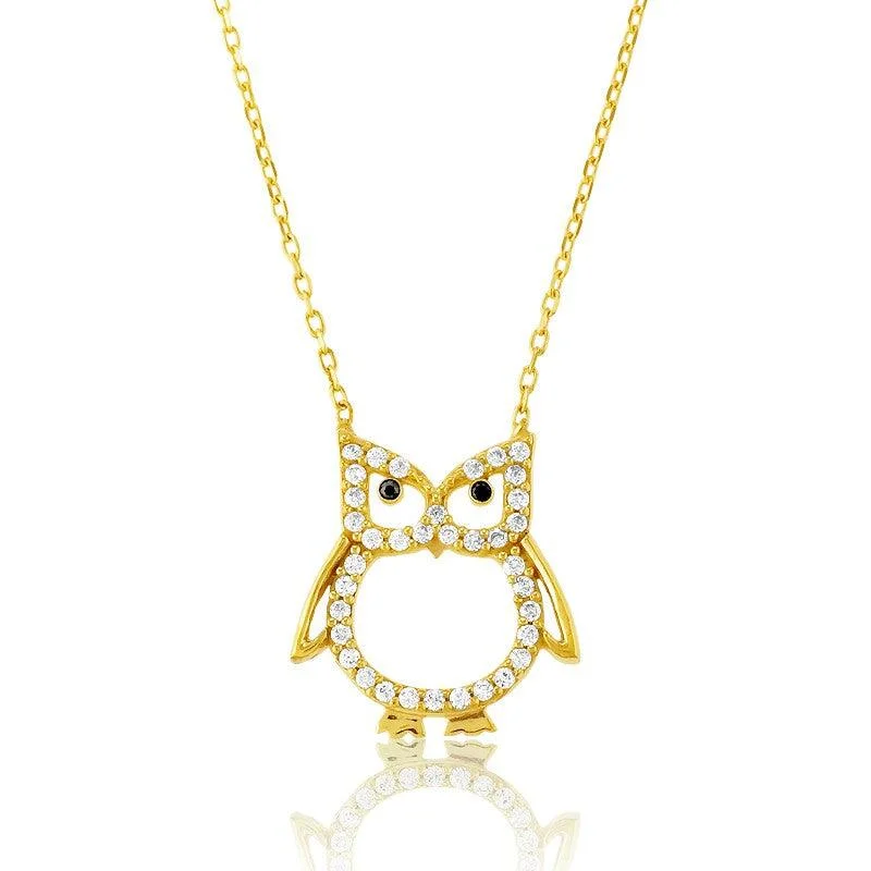 Sterling Silver Gold CZ Open Owl Necklace