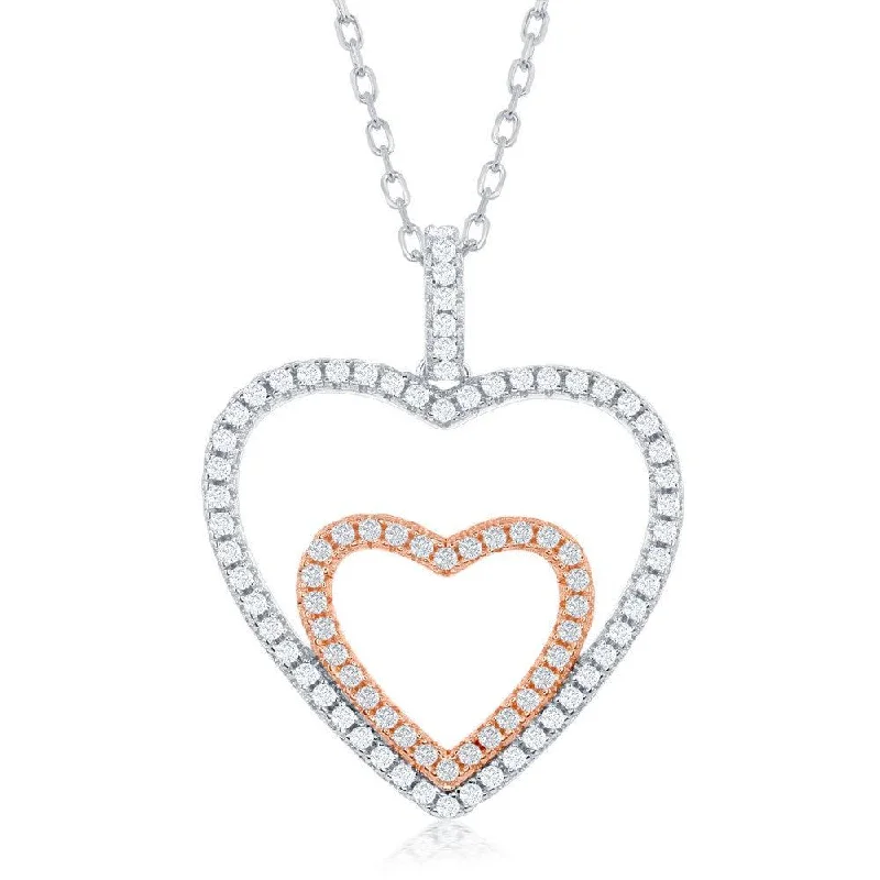 Sterling Silver Two-Tone Double Heart CZ Necklace