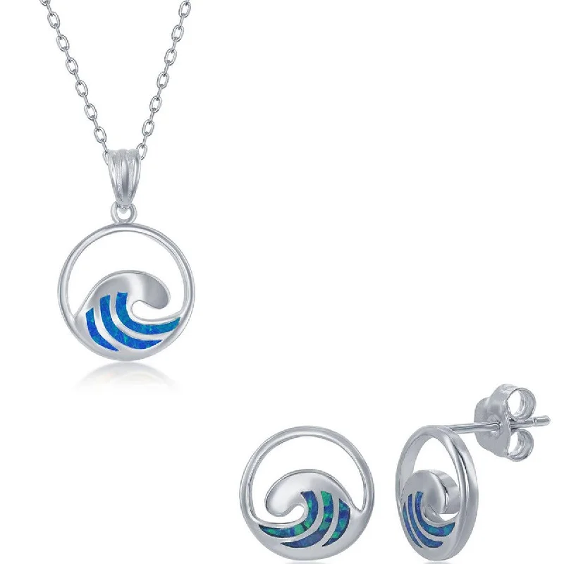 Women's Necklace and Earrings Set - Sterling Blue Inlay Opal Wave | SET-571