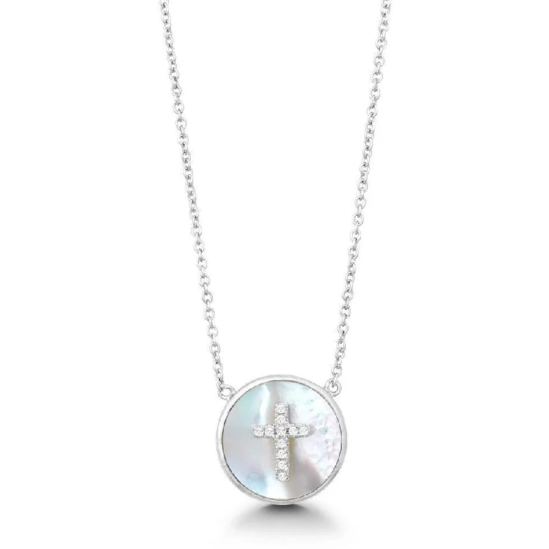 Sterling Silver Round MOP Center CZ Cross Necklace