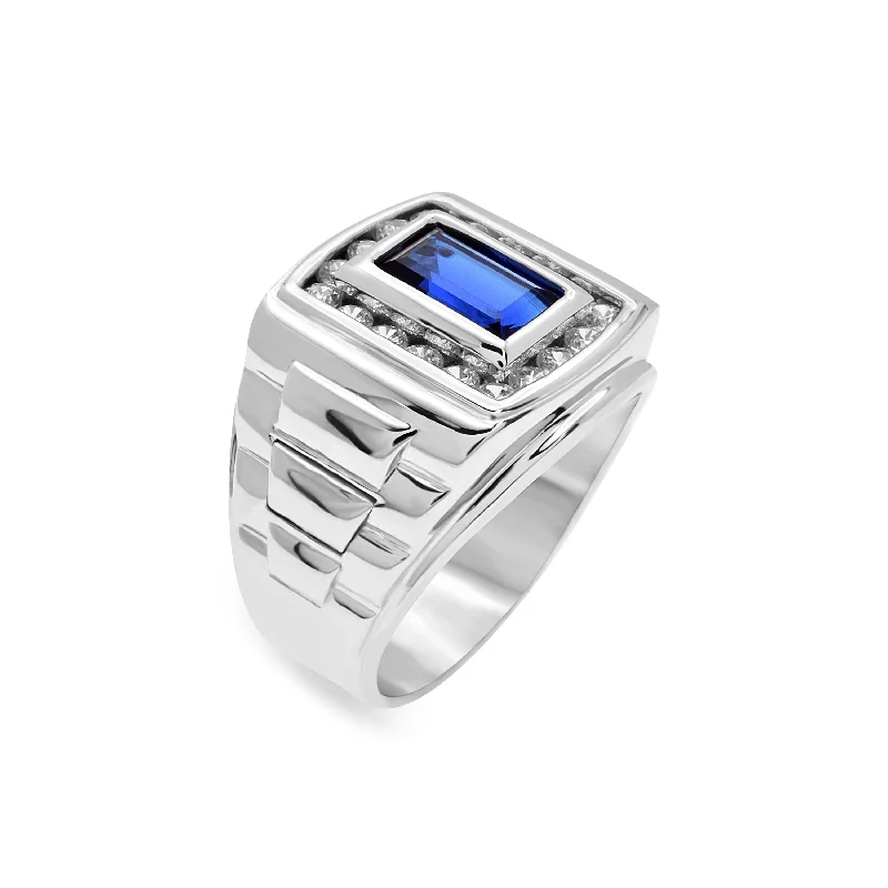 Handcrafted Diamond Rings-Rhodium Plated 925 Sterling Silver Men's Sapphire Baguette and Clear CZ 12.1 x 15.2mm Ring - GMR00411