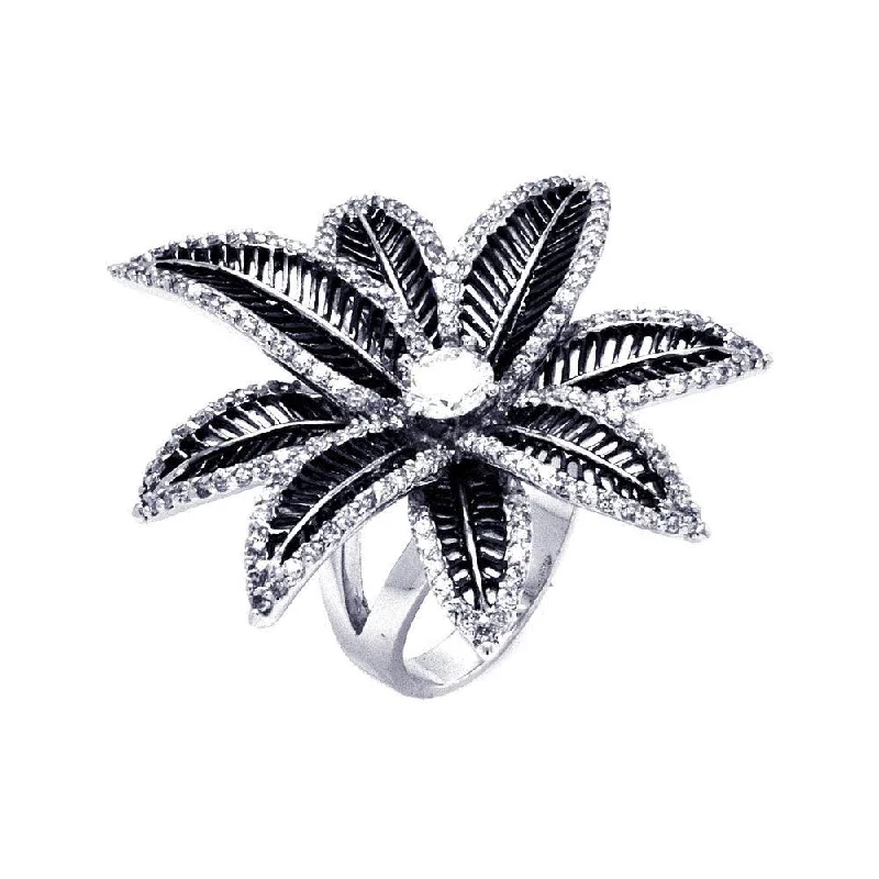 Customizable Wedding Bands-Silver 925 Rhodium and Black Rhodium Plated 2 Toned Round Center CZ Spiny Flower Ring - BGR00309