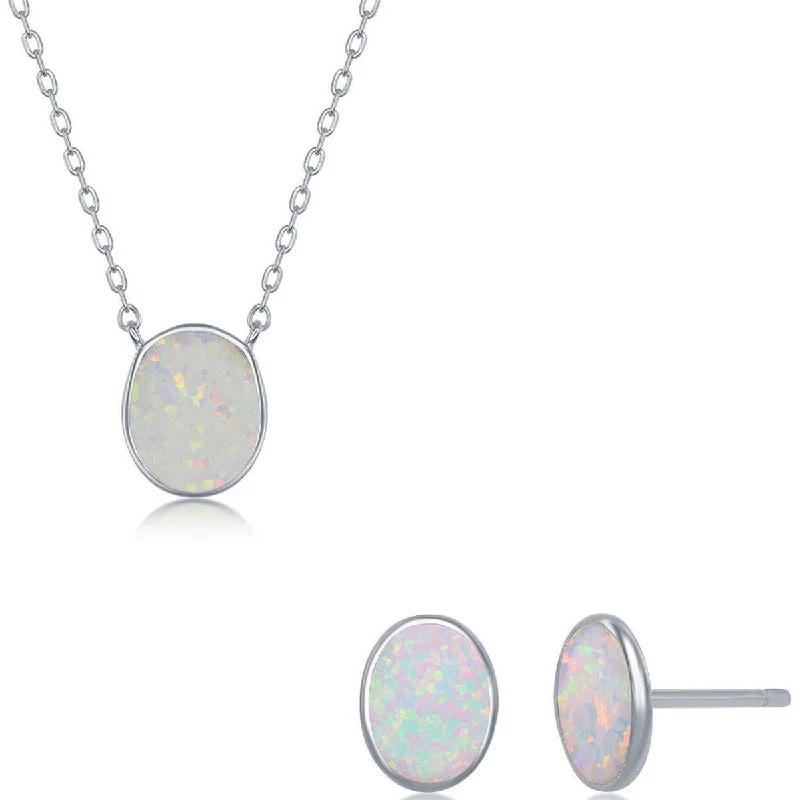 Opalata Women's Necklace and Earrings Set - Sterling White Opal Oval Disc | SET-582