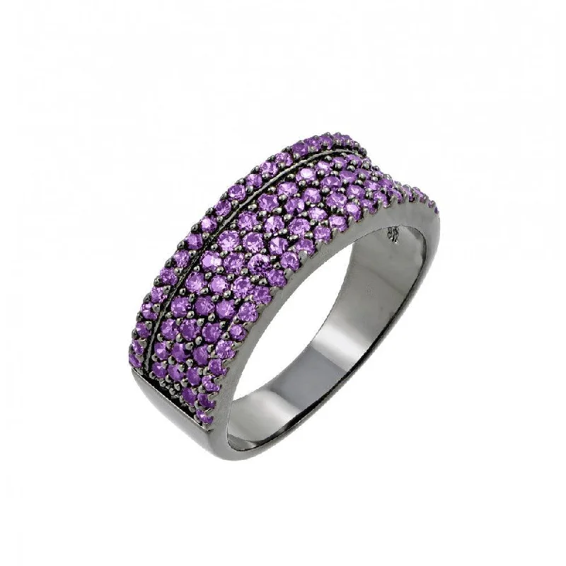 Trendy Wedding Ring Sets-Clearance-Silver 925 Rhodium Plated Purple Pave Set CZ Half Ring - BGR00770PUR