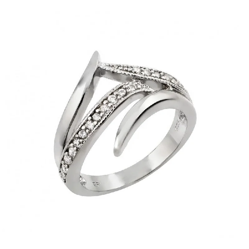 Wedding Ring Bands for Women-Silver 925 Rhodium Plated Clear CZ Intersecting Line Ring - STR00971