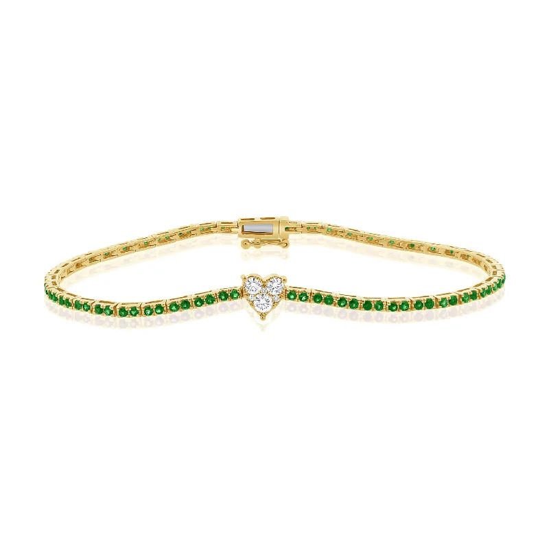 Simple Beaded Bracelets-Enchanting 14K Gold Tsavorite and Diamond Heart Tennis Bracelet