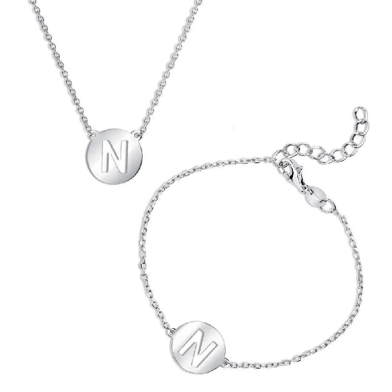 Sterling Silver Shiny 'N' Disc Initial Bracelet and Necklace Set