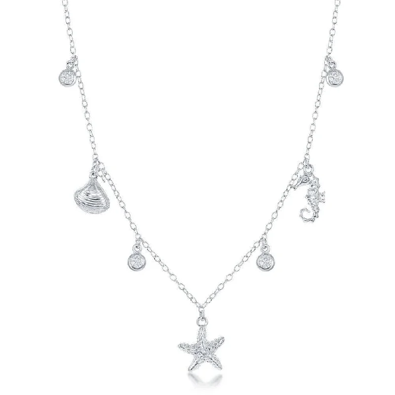 Sterling Silver Sea Shell, Starfish and Seahorse CZ's Necklace