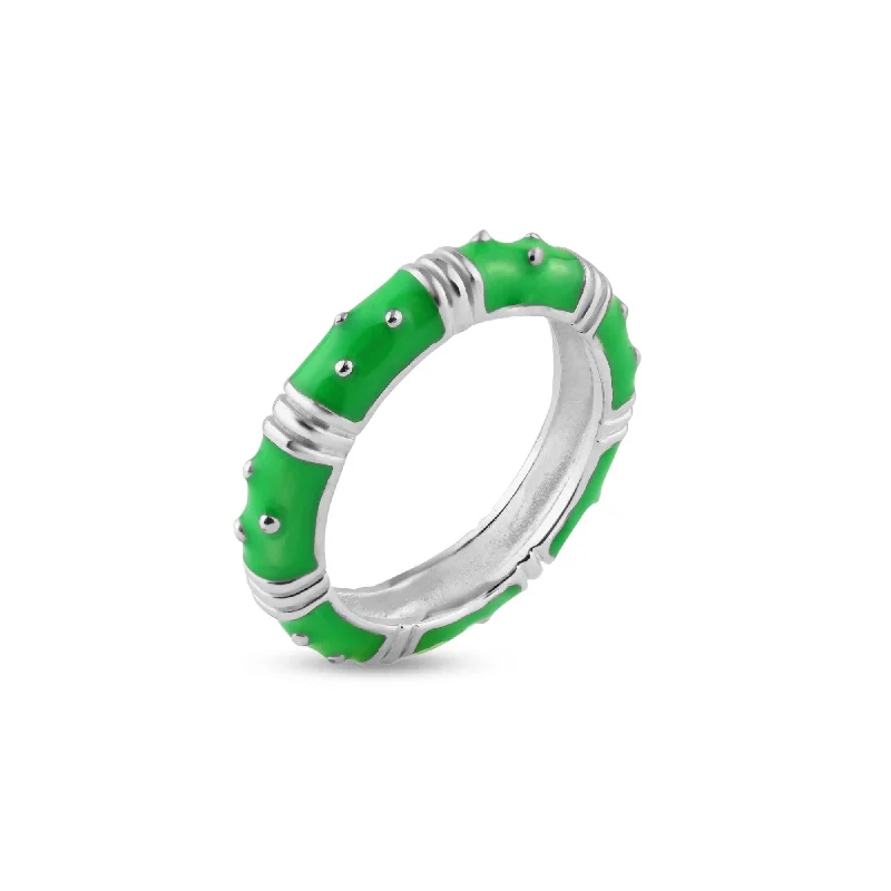 Engagement Rings with Colored Stones-Silver 925 Rhodium Plated Green Enamel Ring - STR00613