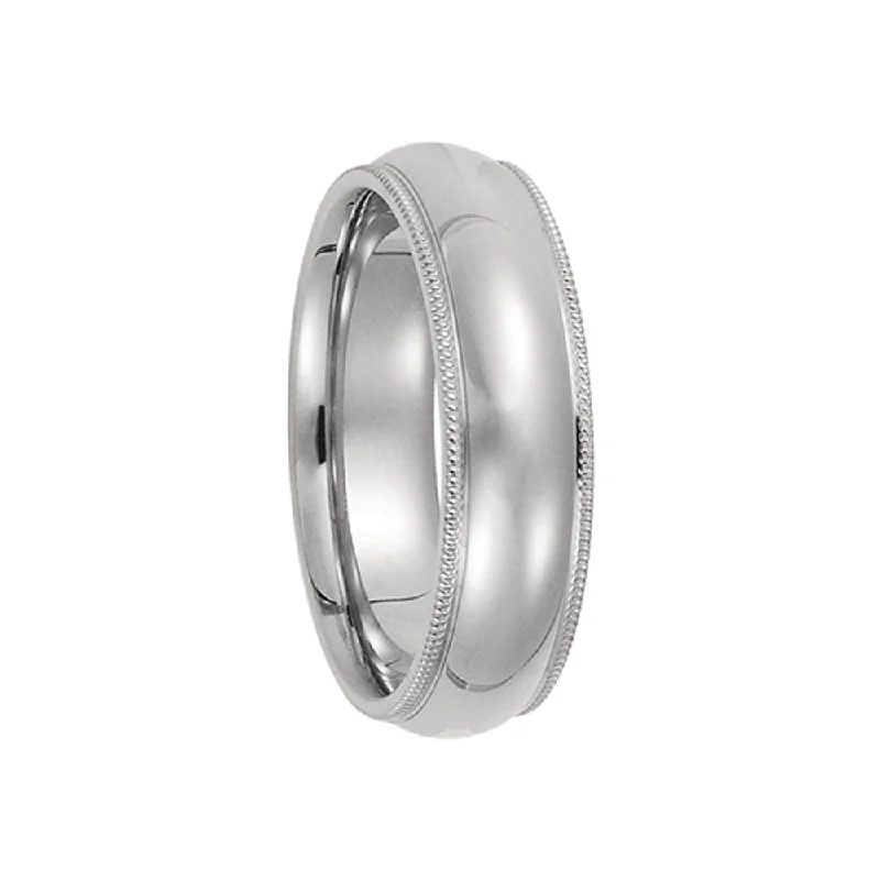 Silver Wedding Bands for Men-6mm Milgrain Edge Comfort Fit Domed Band in 14k White Gold