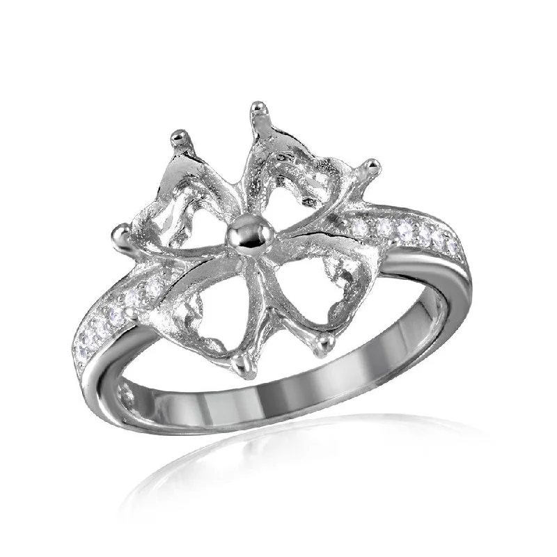 Bridal Engagement Rings-Silver 925 Rhodium Plated Flower Hearts Mounting Ring - BGR00714