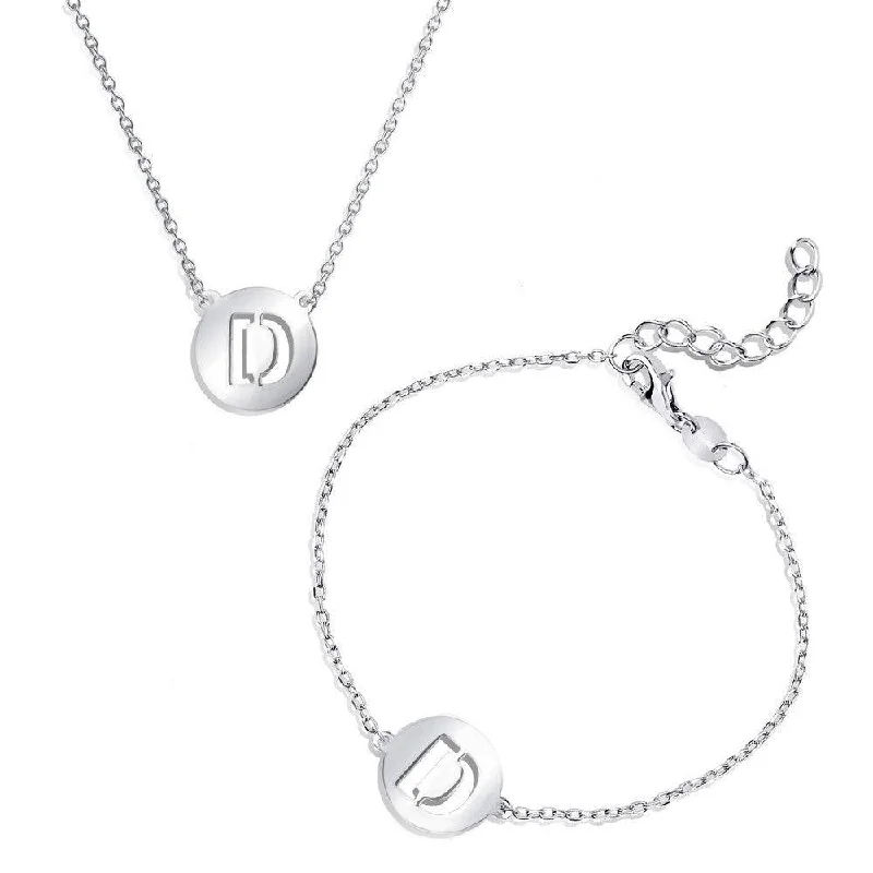 Sterling Silver Shiny 'D' Disc Initial Bracelet and Necklace Set