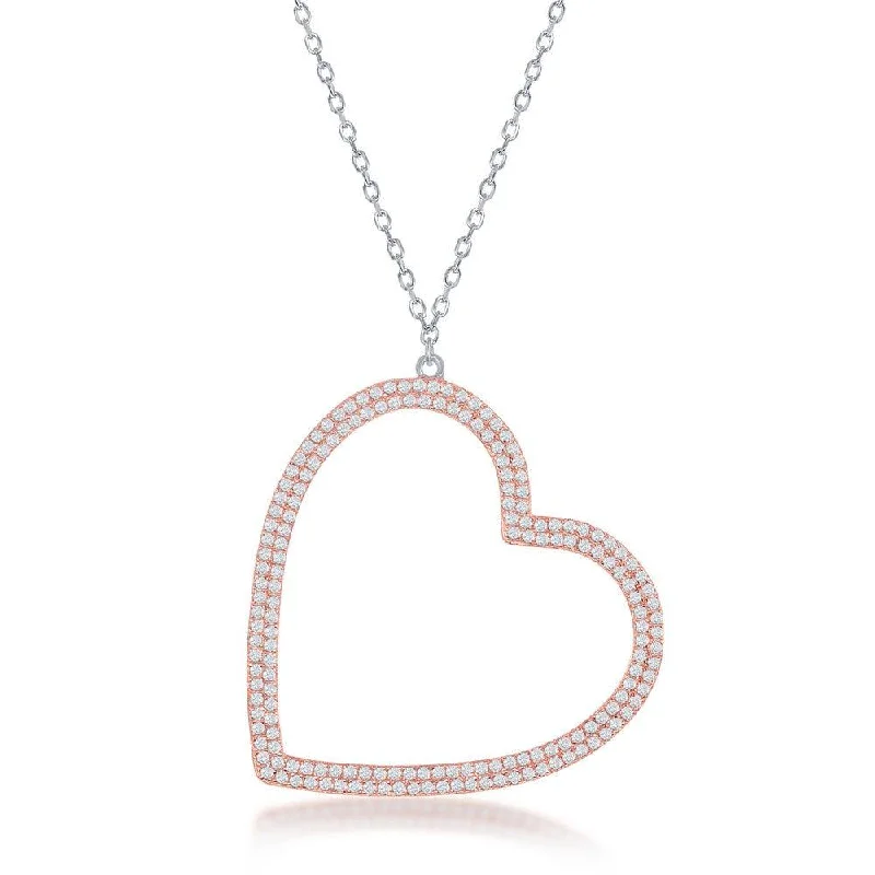 Sterling Silver Rose GP Large Micro Pave Open Heart Necklace