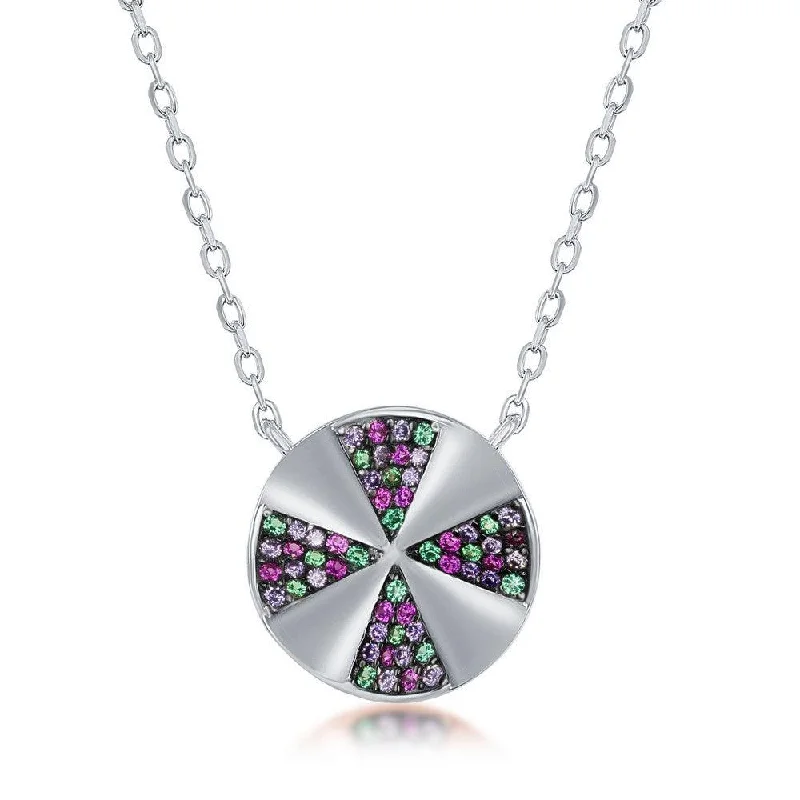 Sterling Silver Rainbow Cubic Zirconia Designed Disc Necklace