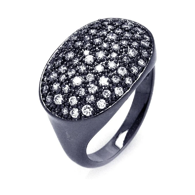 Designer Wedding Rings-Silver 925 Black Rhodium Plated Pave Set Clear CZ Oval Ring - BGR00331