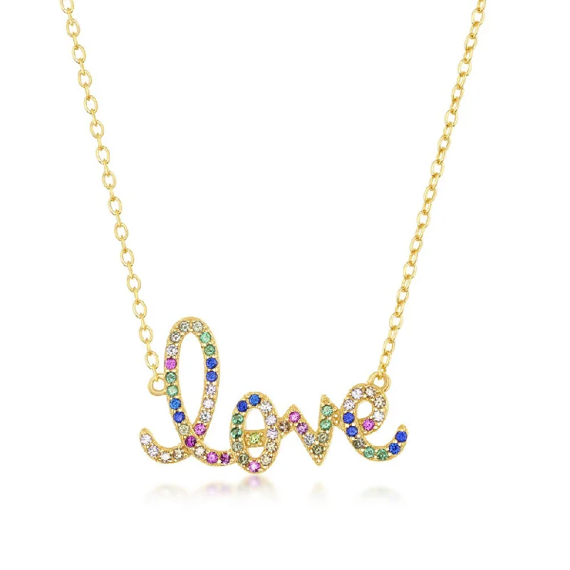 Sterling Silver Gold Plated Rainbow CZ 'Love' Necklace