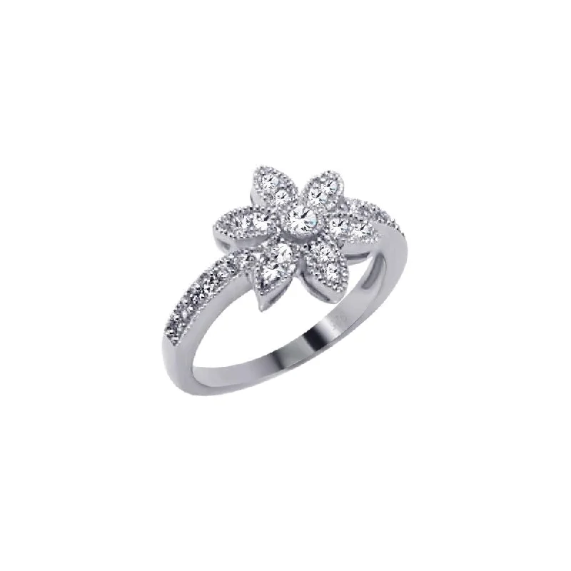 Engagement Rings with Emerald-Silver 925 Rhodium Plated Micro Pave CZ Flower Ring - ACR00018