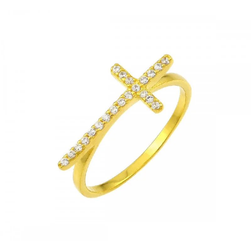 Fashionable Gemstone Wedding Rings-Silver 925 Gold Plated Clear CZ Cross Ring - BGR00810GP