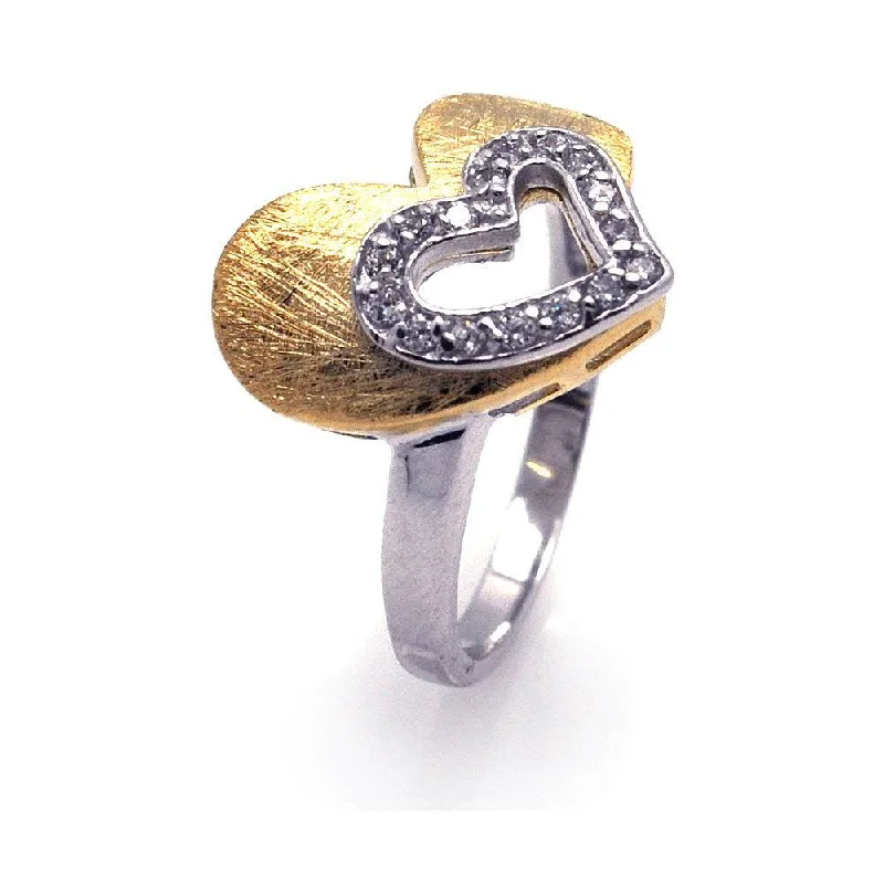 Personalized Rings for Weddings-Silver 925 Rhodium and Gold Plated 2 Toned Clear CZ Open Heart Ring - BGR00232